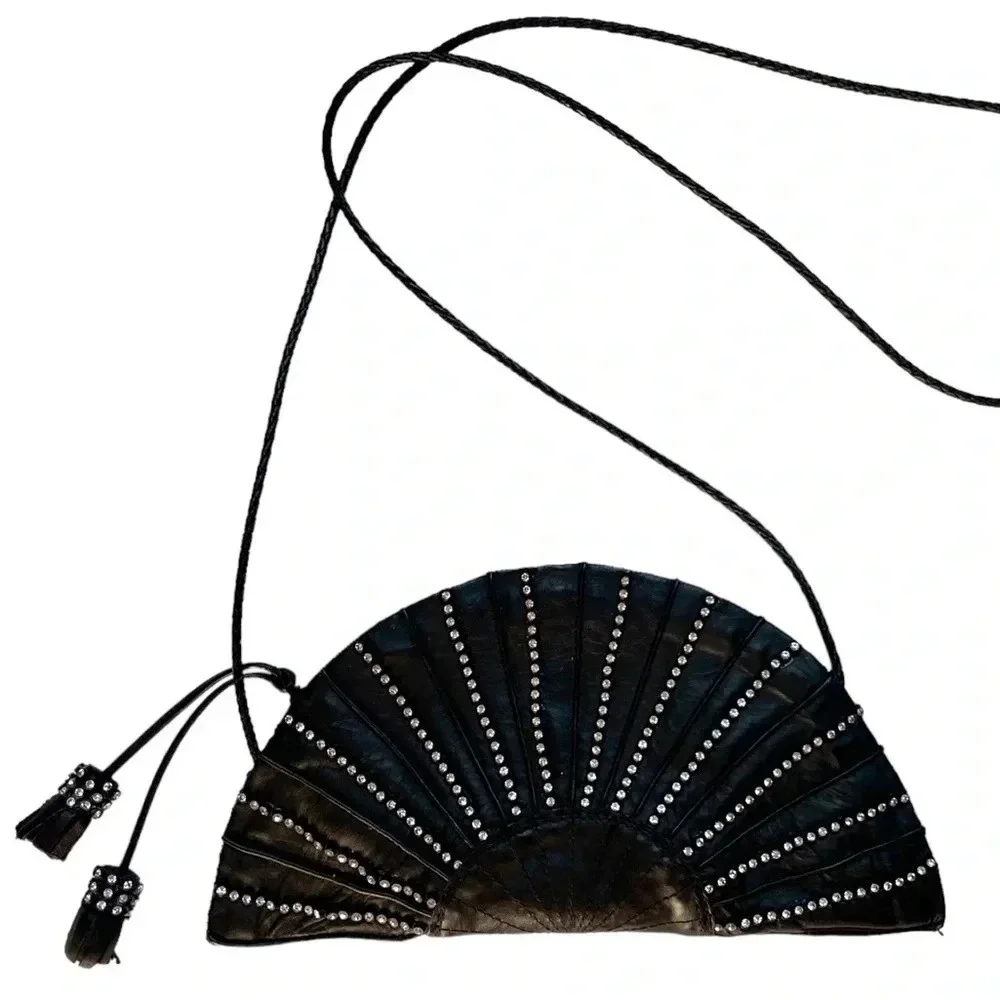 Vintage Pammi Rare Fan‑Shaped Studded Evening Black Tassel Bag Drawstring Purse